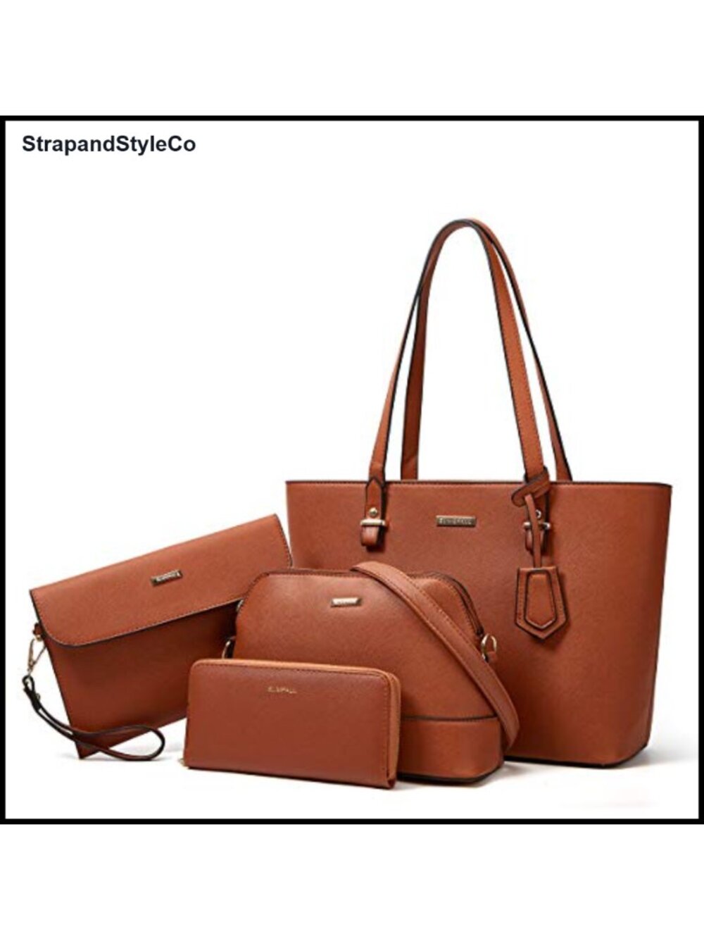 Vegan Leather Satchel Handbag Wallet Clutch Messenger Bag Plaid 4-Piece Set